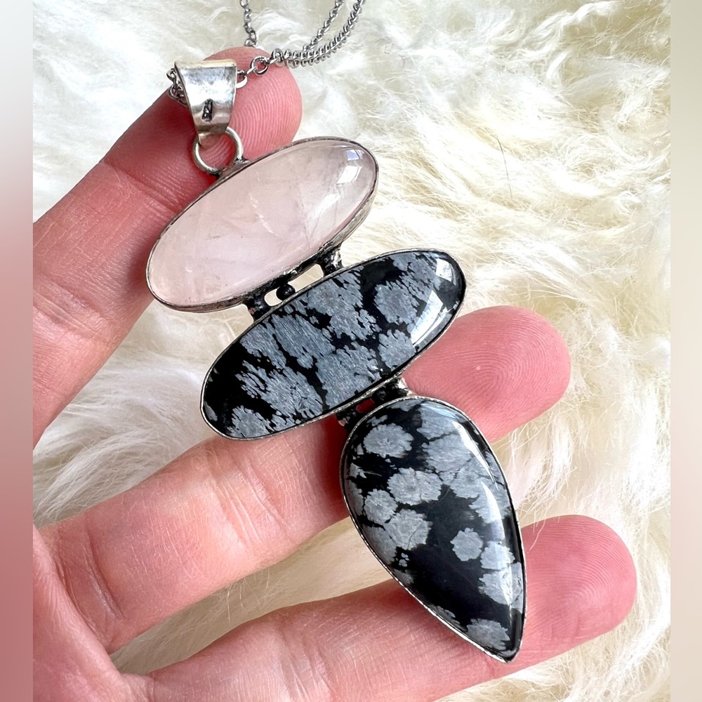 925 Love + Protection Rose Quartz + Snowflake Obsidian Pendant Necklace